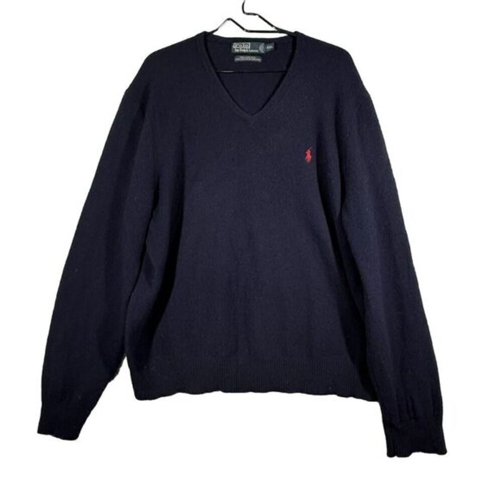 Vintage Polo Ralph Lauren 100% Lambs Wool Sweater Size 2XL Navy V Neck Flaws